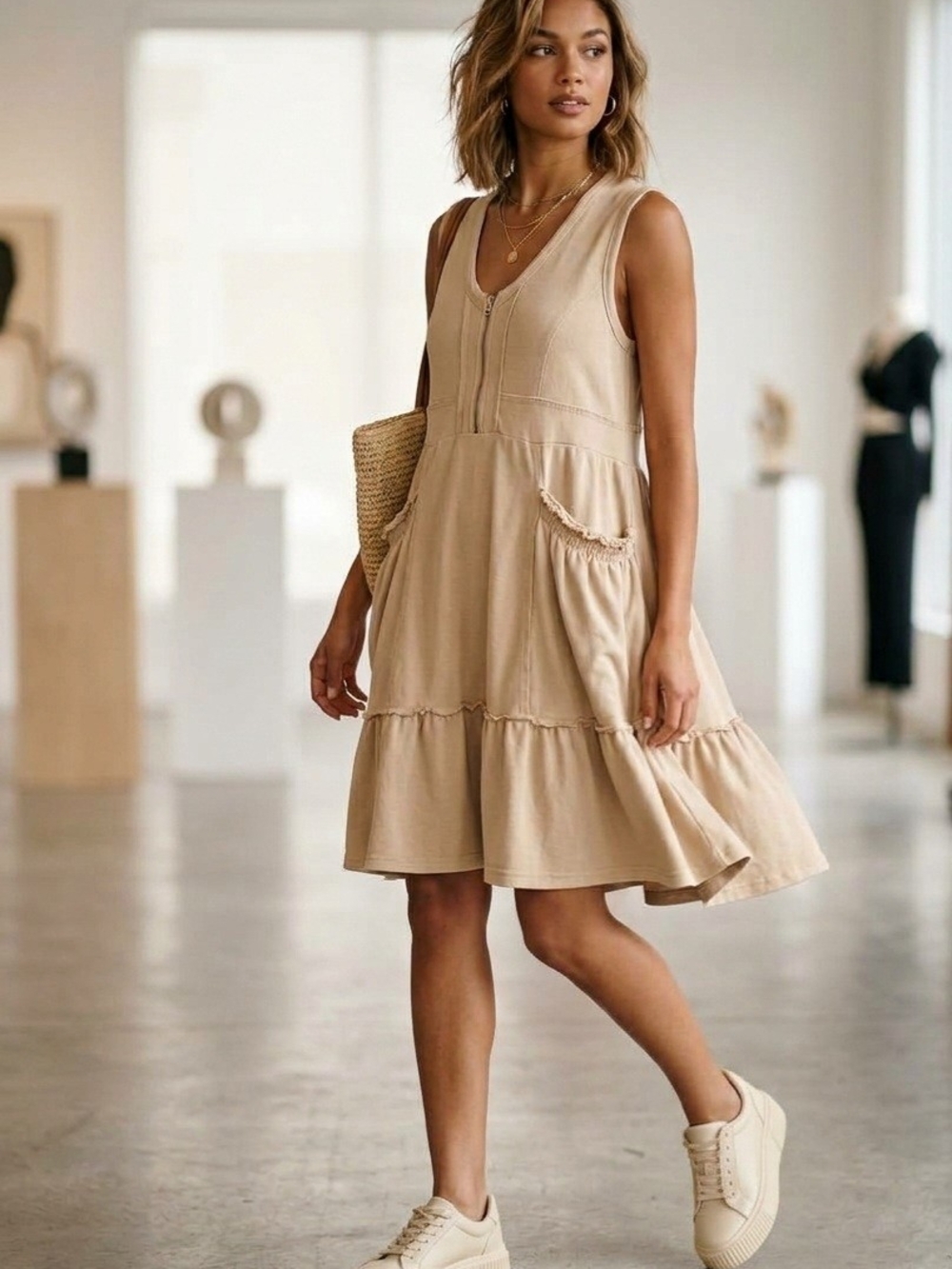 Sleeveless Mini Tiered Dress in Beige